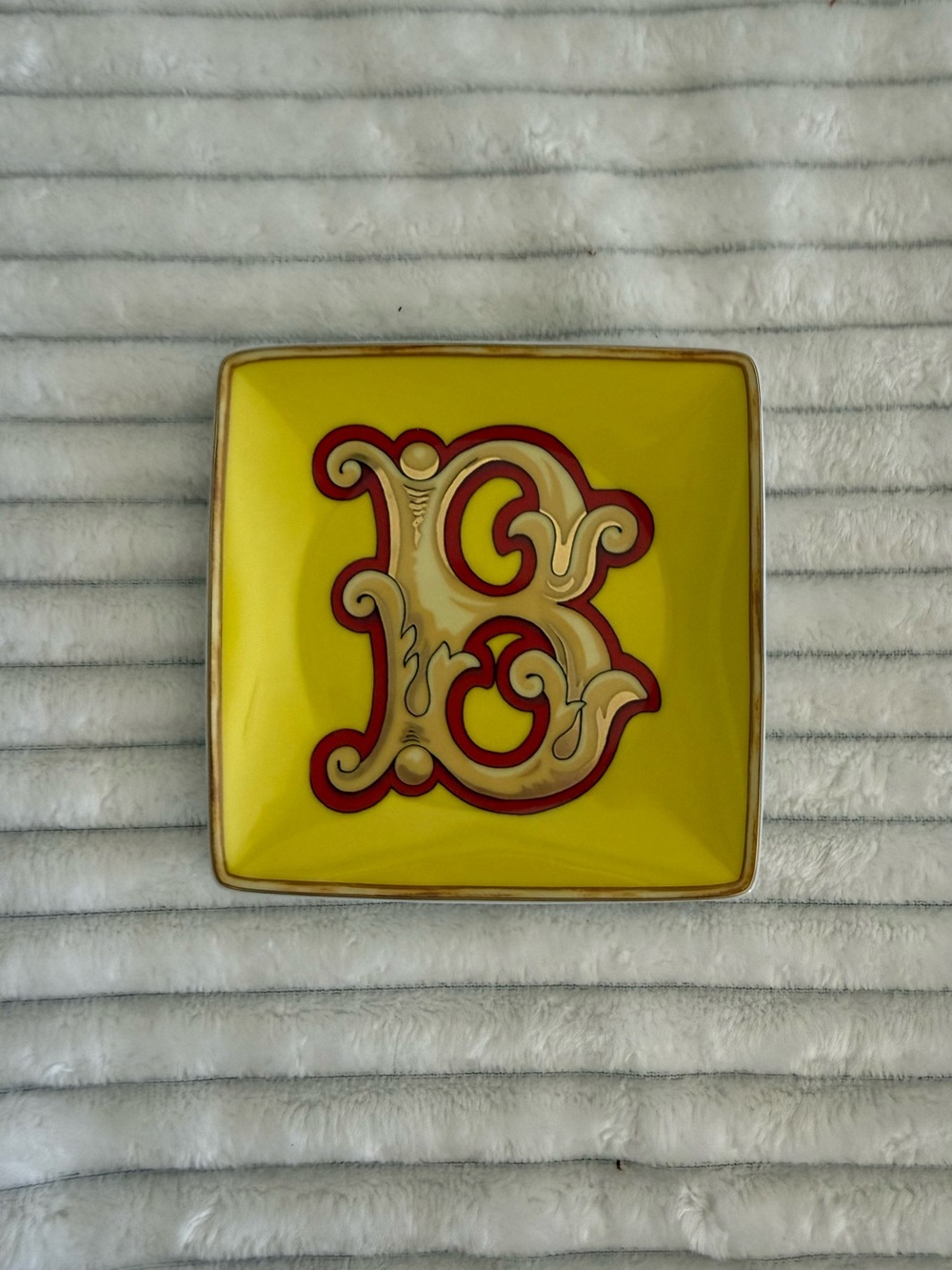 Versace Yellow Trinket Dish with Red & Gold Monogram B